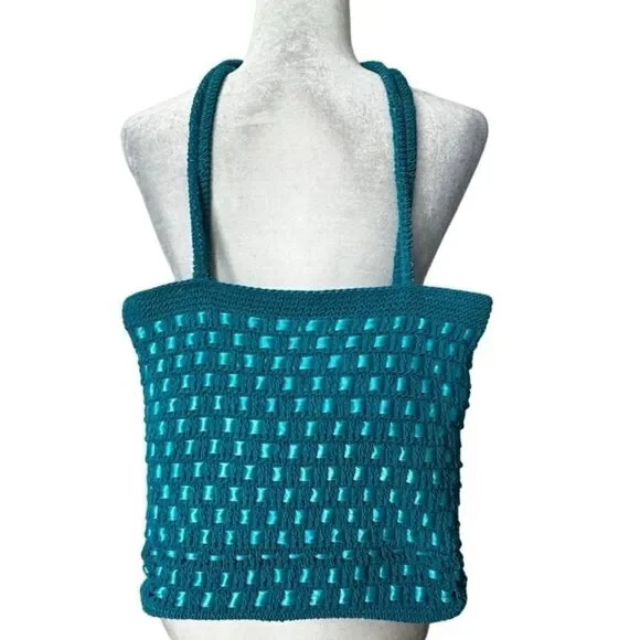 Handbag Shoulder Bag Turquoise Blue Braided Ribbon Weave - Picture 2 of 10